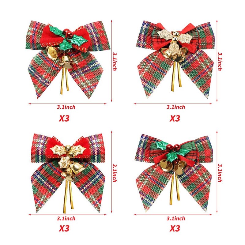 YBB 12 Pack Christmas Red Green Plaid Tree Bows, Linen Bowknot Wreath Bow with Jingle Bells for Christmas Garland Tree, Crafts, Wrapping, Wreath Xmas Hanging Ornaments Decor - Image 2